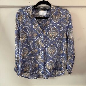 Alex & Parker Blue Tan Paisley Blouse Button Down Top